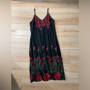FOREVER 21 - Black Red Embroidered Strappy Mesh Maxi